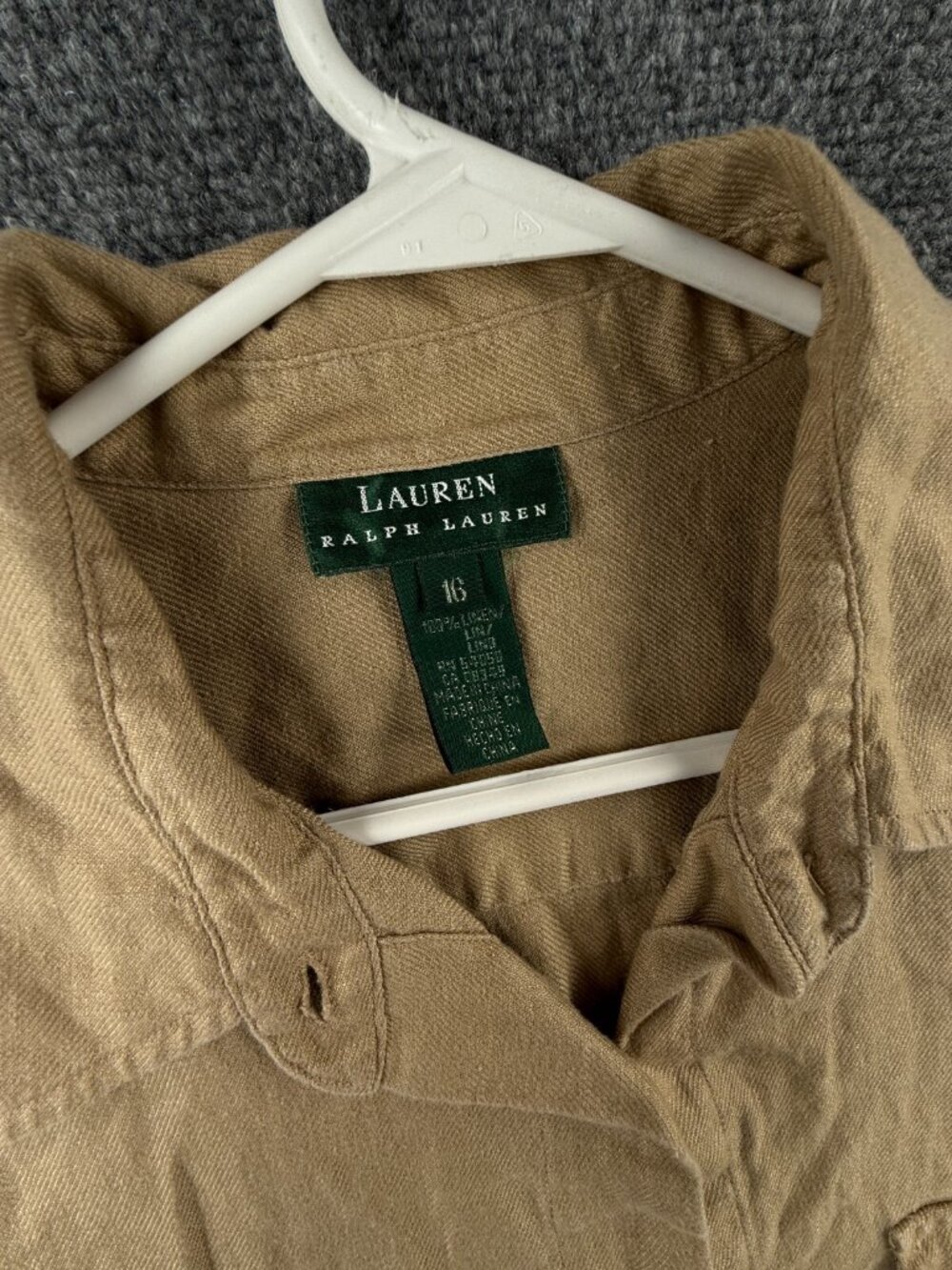 Lauren Ralph Lauren All Linen Size 16 Women Button Up Shirt Tan Long Sleeve - Picture 7 of 16